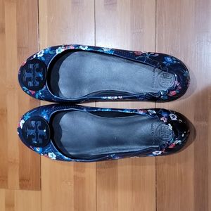 EUC Tory Burch Blue Women's Minnie Floral Leather Travel Ballet Flats Sz 9.5